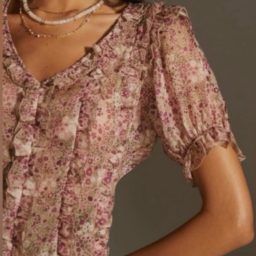Anthropologie Pink Floral Ruffle V-Neck Blouse - Picture 2 of 7